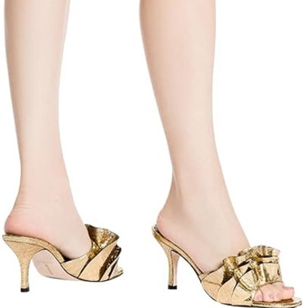 Larroude Colette Mule Stiletto Heels Ruffle Cracked Metallic Leather Holidays 6